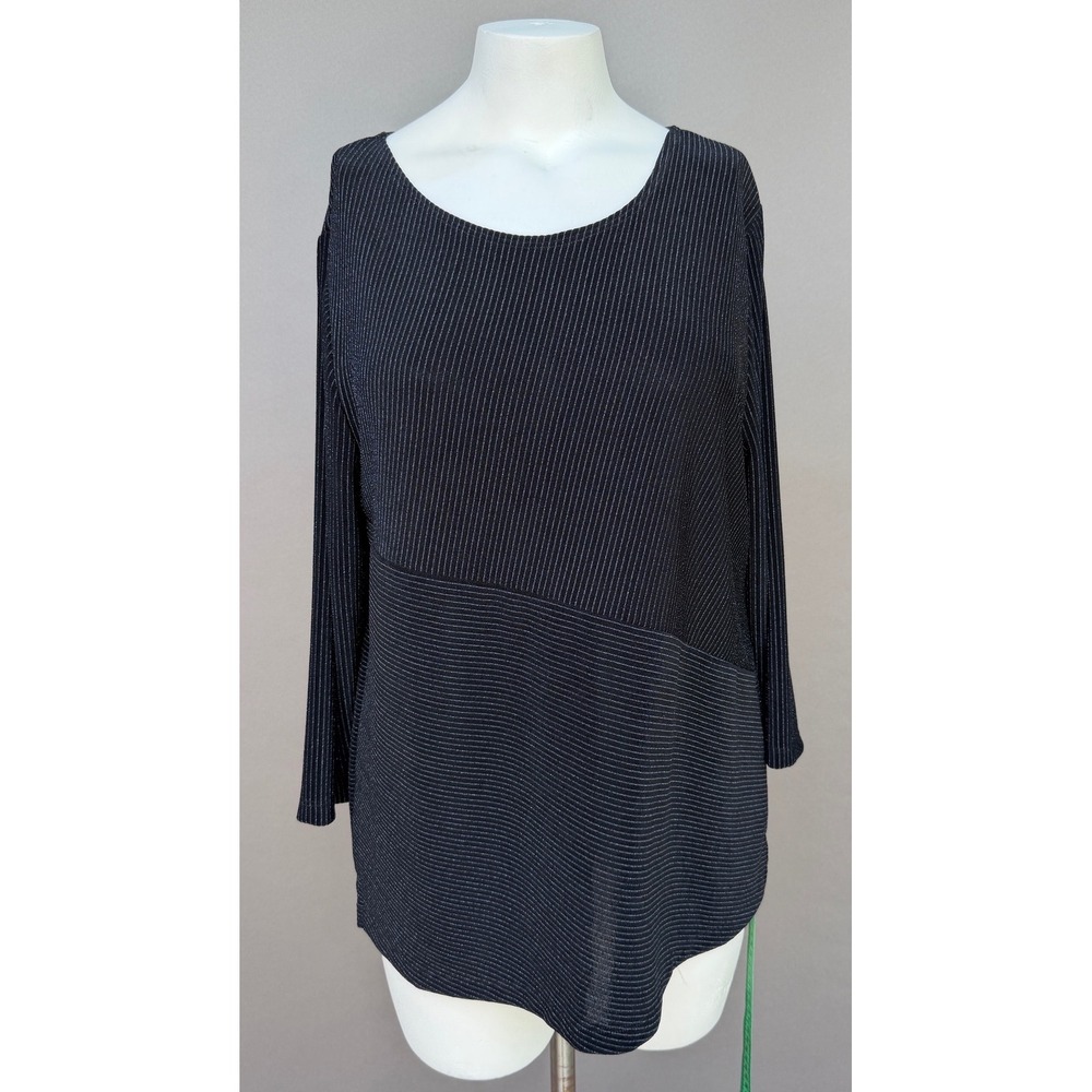 Chicos Travelers Lurex Stripe Top 2 Large Black Silver Metallic 3/4 Sleeve NEW - Picture 12 of 13